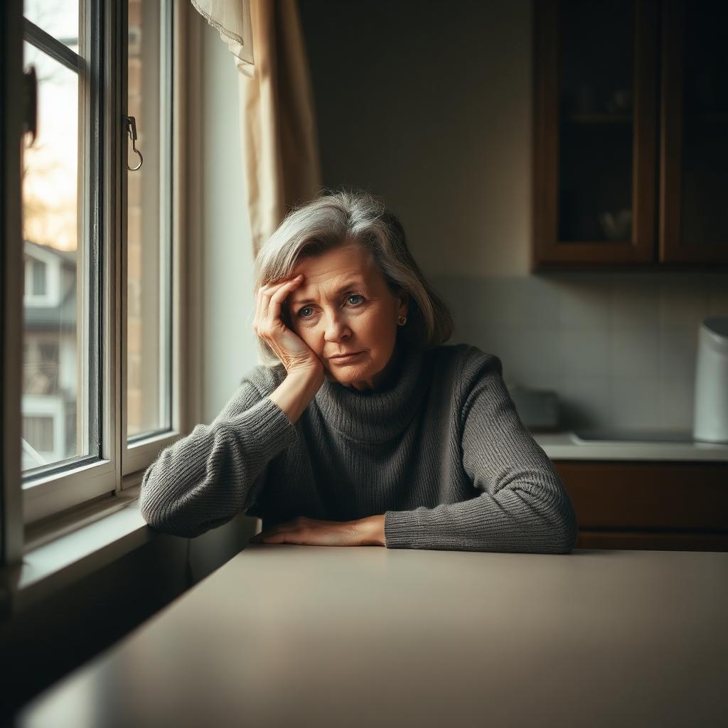 A weary caregiver sitting quietly by a sunlit window at a kitchen table, resting her head in her hand.