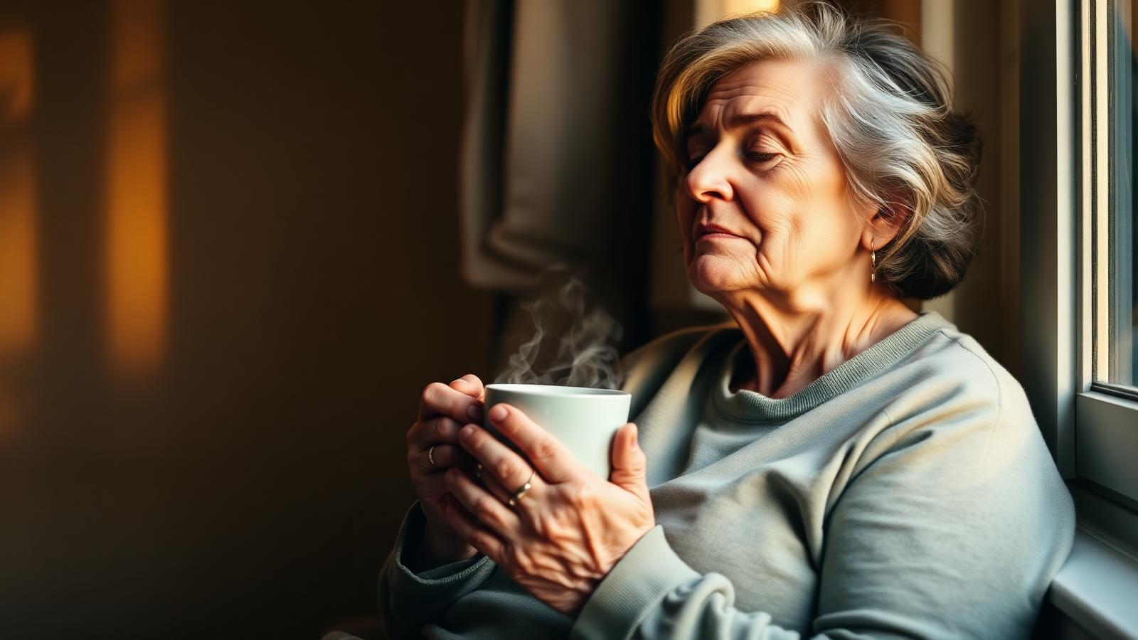 A weary caregiver sitting alone near a sunlit window at dawn, holding a steaming mug with both hands.