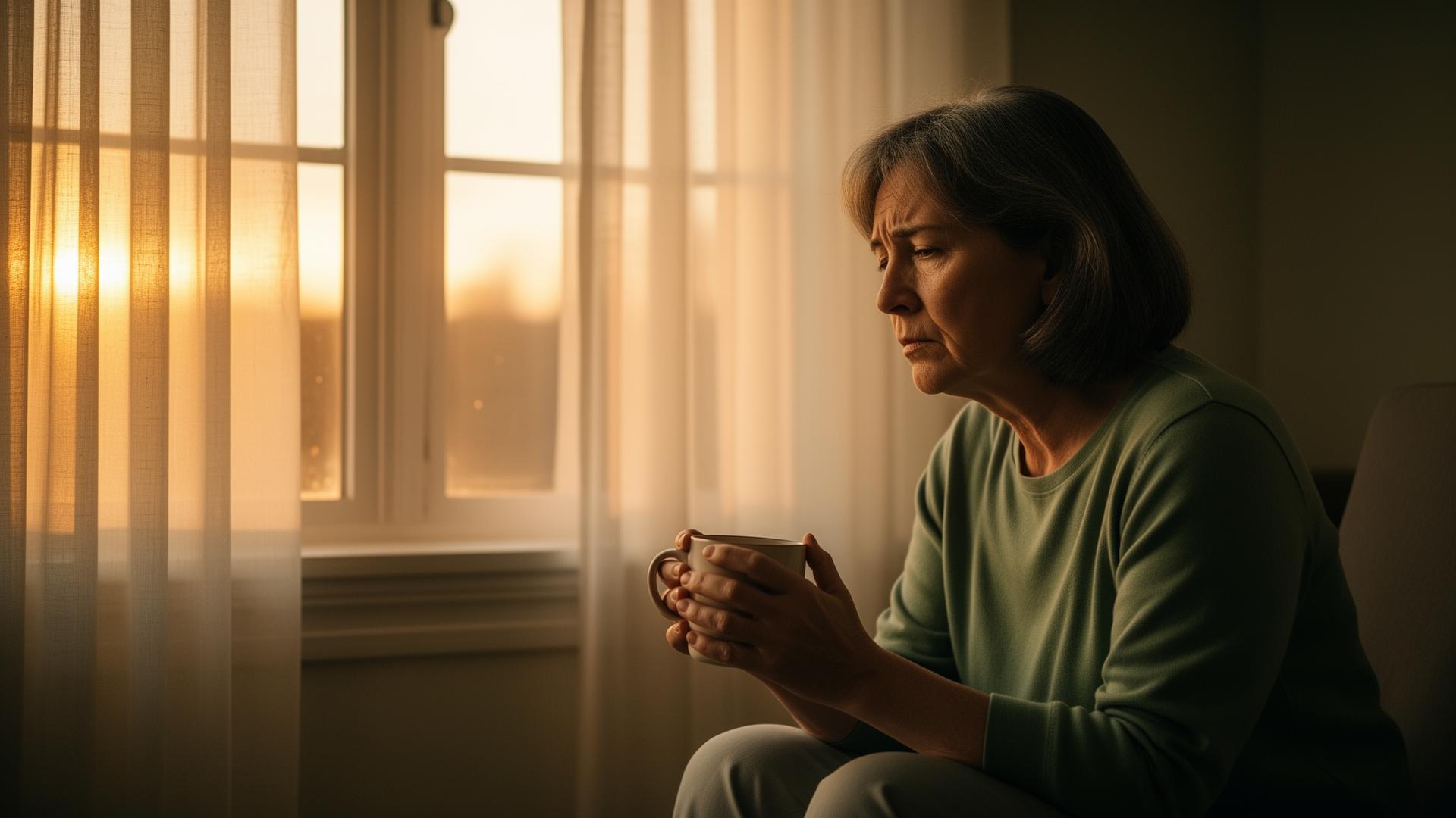 A tired caregiver holding a warm mug, sitting by a window at dawn in soft golden light.