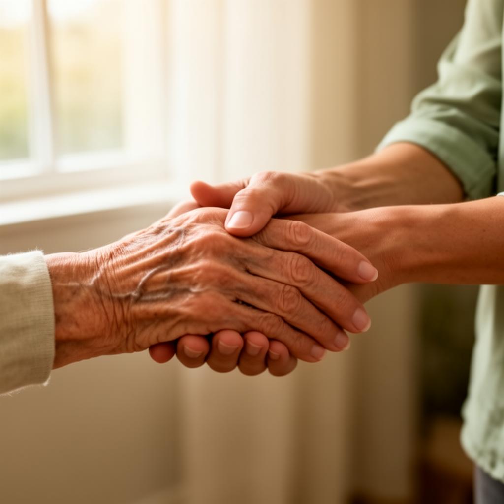 An older parent's hand resting gently in an adult child's hand, soft window light.